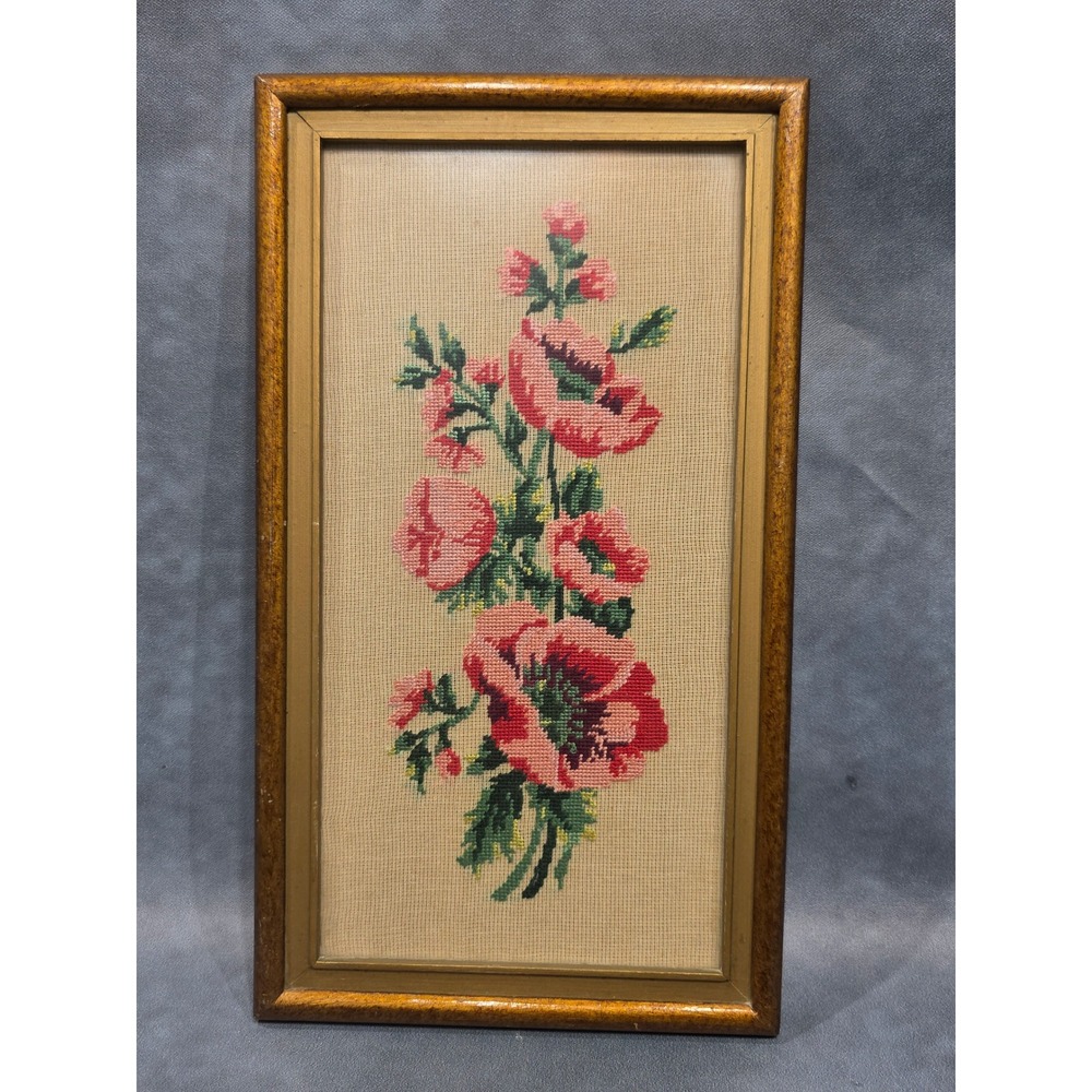 Vintage Needlepoint Floral Wall Art Framed Pink Poppies Cottagecore 15x7.5